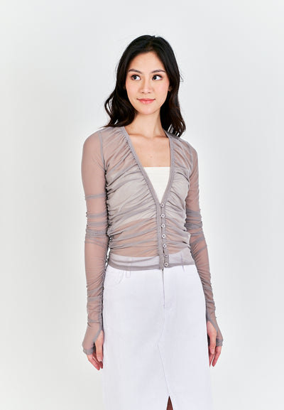 Brei Gray V Neck Buttons Up Pleated Long Sleeves Mesh Top