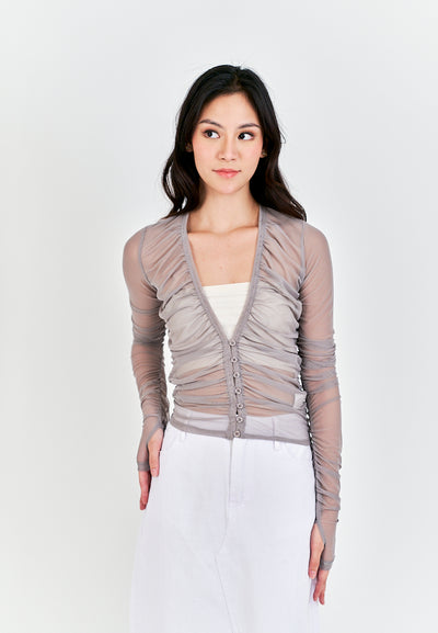 Brei Gray V Neck Buttons Up Pleated Long Sleeves Mesh Top