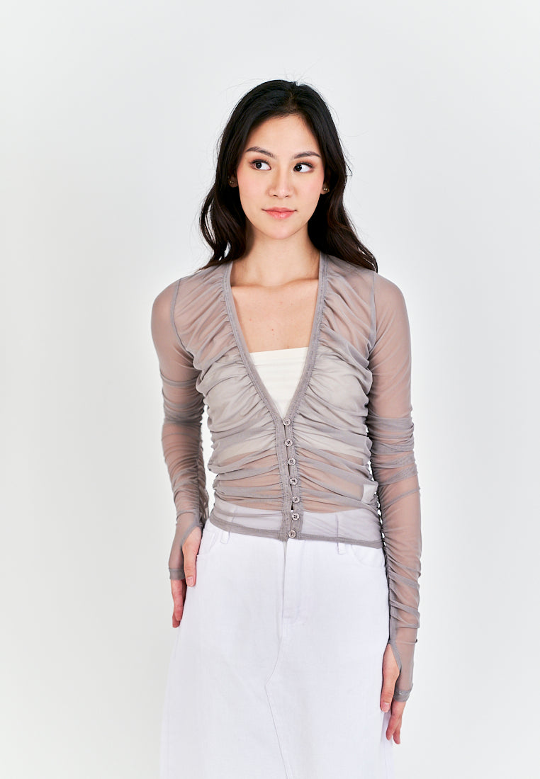 Brei Gray V Neck Buttons Up Pleated Long Sleeves Mesh Top