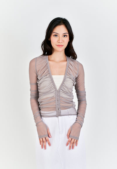 Brei Gray V Neck Buttons Up Pleated Long Sleeves Mesh Top