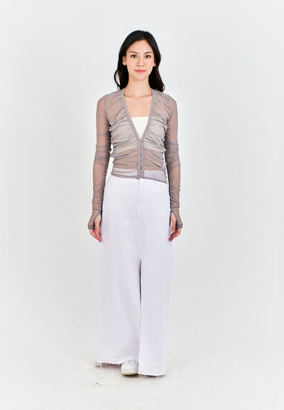 Brei Gray V Neck Buttons Up Pleated Long Sleeves Mesh Top