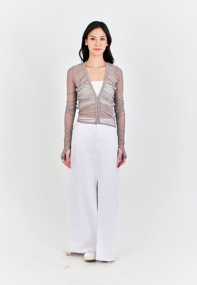 Brei Gray V Neck Buttons Up Pleated Long Sleeves Mesh Top