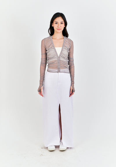 Brei Gray V Neck Buttons Up Pleated Long Sleeves Mesh Top