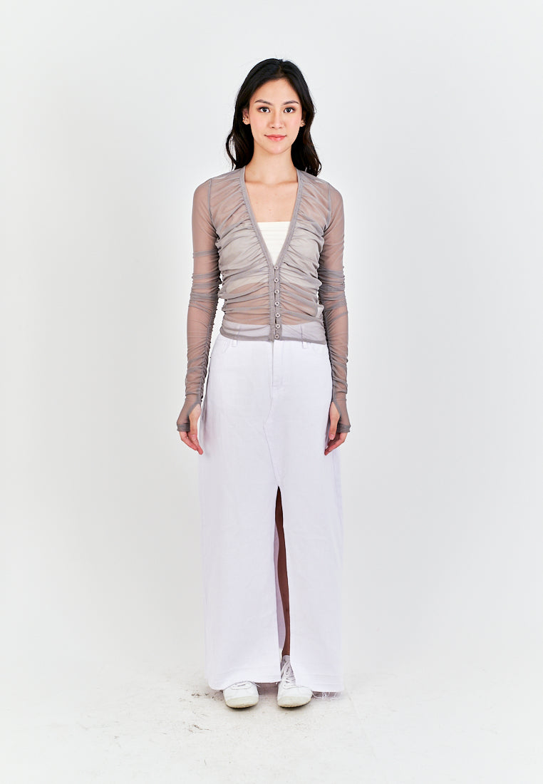 Brei Gray V Neck Buttons Up Pleated Long Sleeves Mesh Top