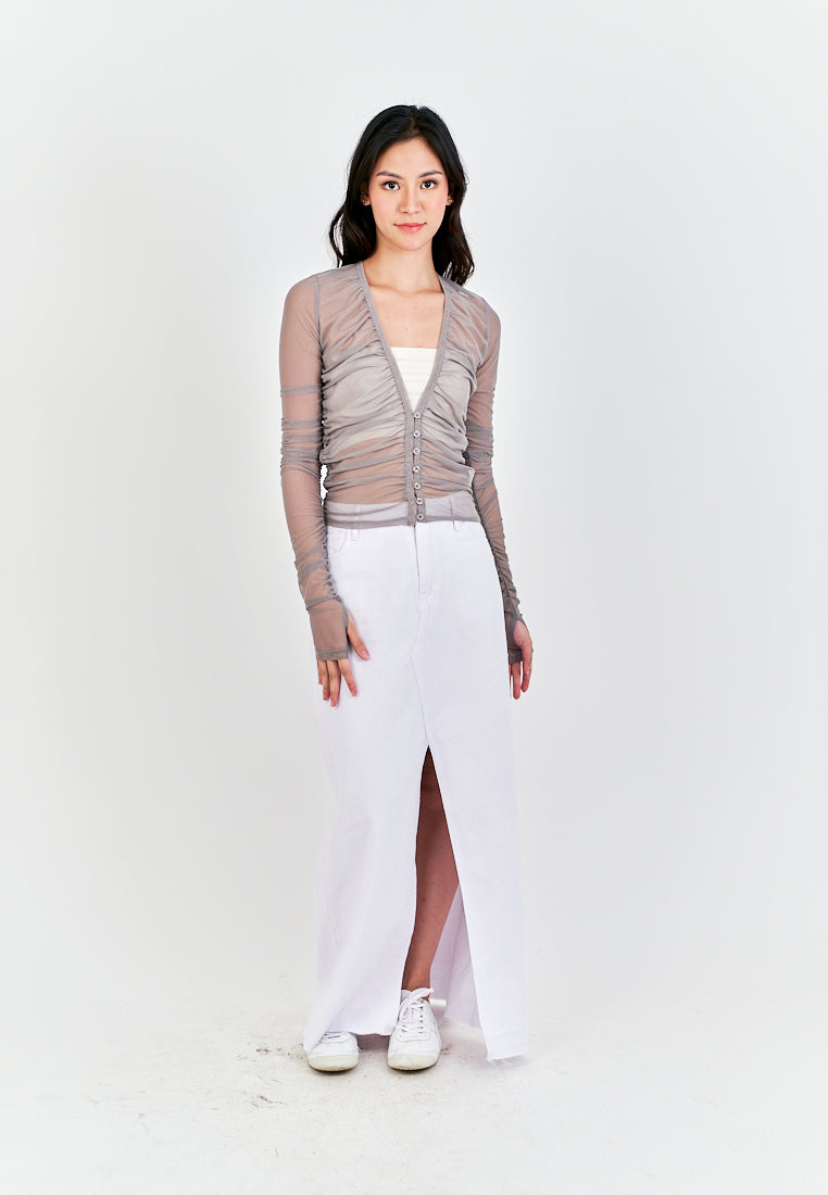 Brei Gray V Neck Buttons Up Pleated Long Sleeves Mesh Top