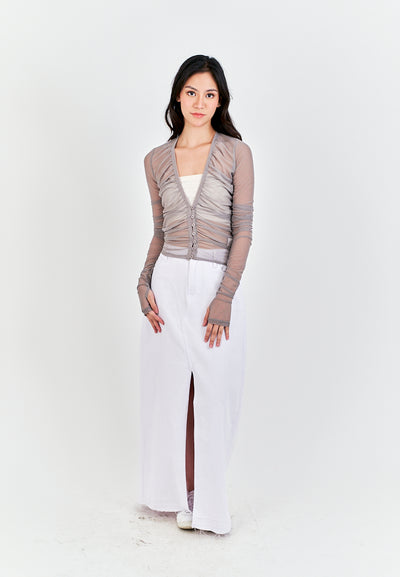 Brei Gray V Neck Buttons Up Pleated Long Sleeves Mesh Top
