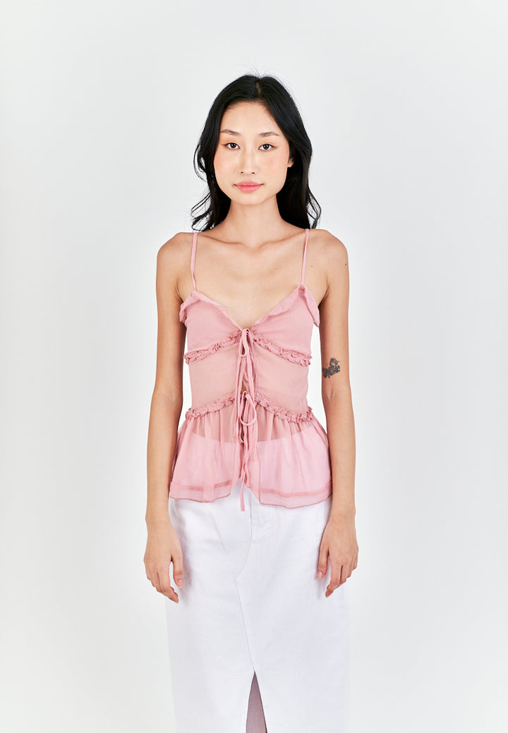 Monina Pink Lace Up Front Bow Sleeveless Tiered Ruffle Hem Cami Top