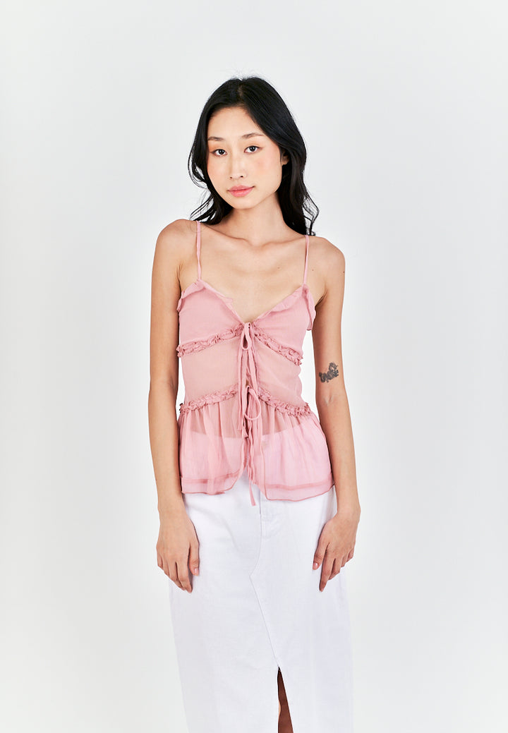 Monina Pink Lace Up Front Bow Sleeveless Tiered Ruffle Hem Cami Top