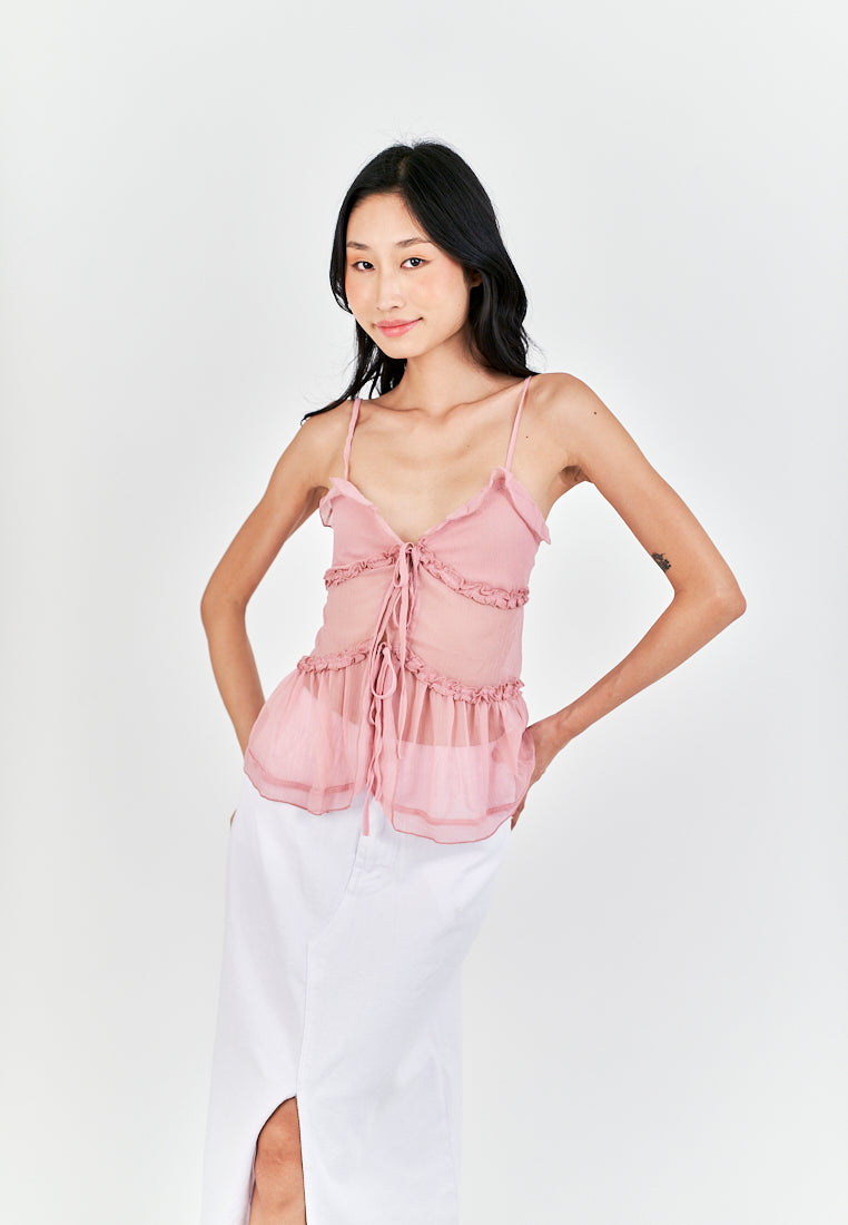 Monina Pink Lace Up Front Bow Sleeveless Tiered Ruffle Hem Cami Top