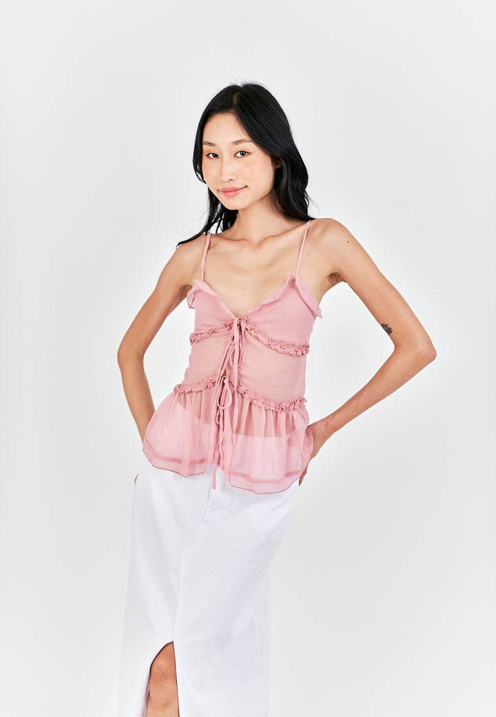 Monina Pink Lace Up Front Bow Sleeveless Tiered Ruffle Hem Cami Top
