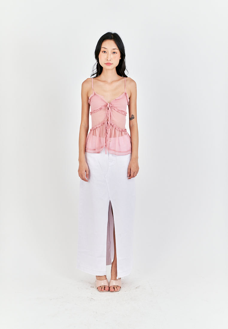 Monina Pink Lace Up Front Bow Sleeveless Tiered Ruffle Hem Cami Top