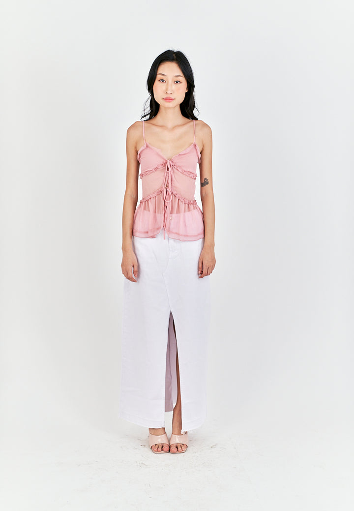 Monina Pink Lace Up Front Bow Sleeveless Tiered Ruffle Hem Cami Top