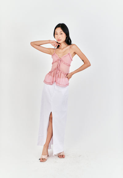 Monina Pink Lace Up Front Bow Sleeveless Tiered Ruffle Hem Cami Top