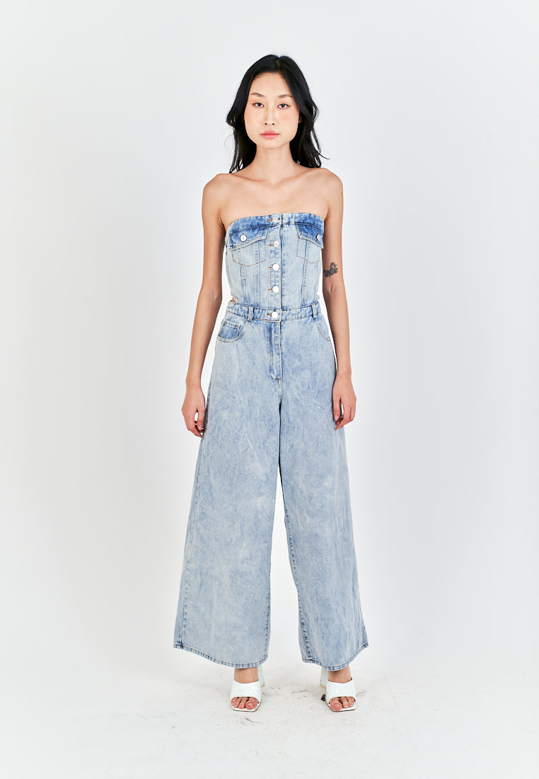 Anaya Light Blue Denim Multi-Pockets Side Waist Cut Tube Jumpsuit