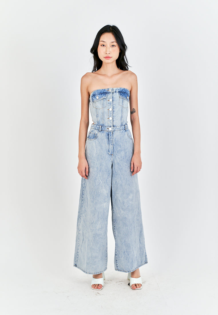Anaya Light Blue Denim Multi-Pockets Side Waist Cut Tube Jumpsuit