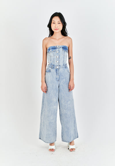 Anaya Light Blue Denim Multi-Pockets Side Waist Cut Tube Jumpsuit