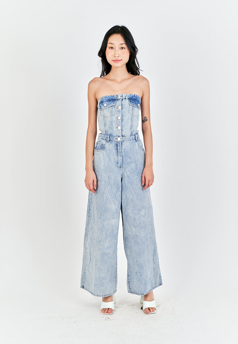 Anaya Light Blue Denim Multi-Pockets Side Waist Cut Tube Jumpsuit