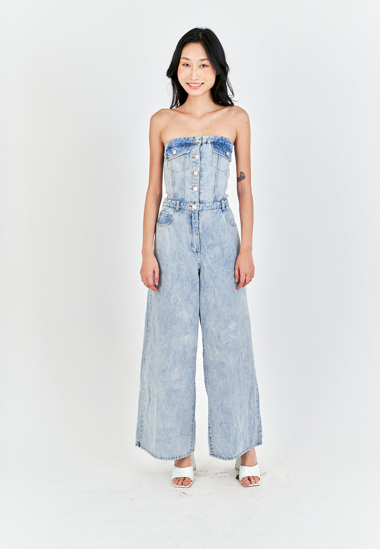 Anaya Light Blue Denim Multi-Pockets Side Waist Cut Tube Jumpsuit