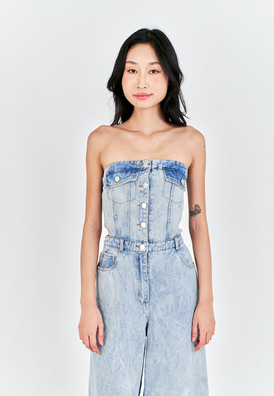 Anaya Light Blue Denim Multi-Pockets Side Waist Cut Tube Jumpsuit