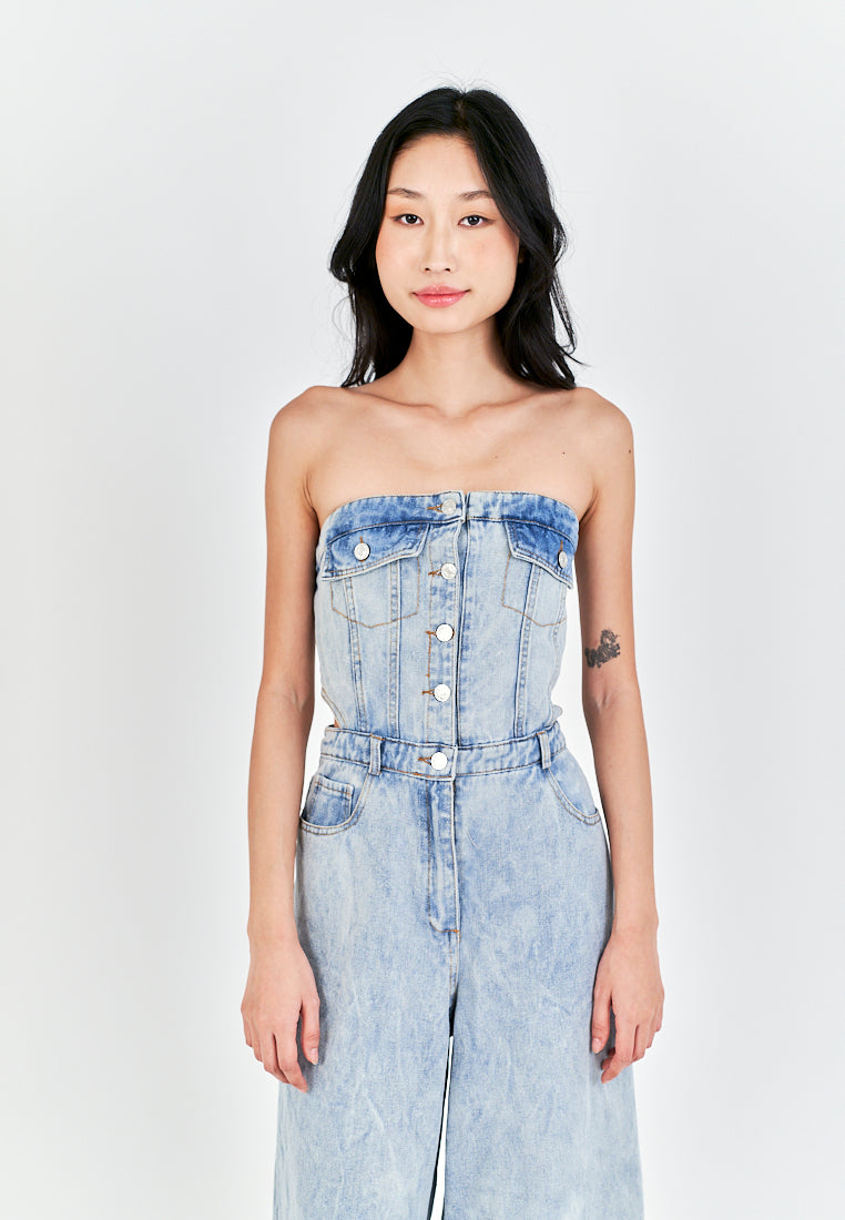 Anaya Light Blue Denim Multi-Pockets Side Waist Cut Tube Jumpsuit