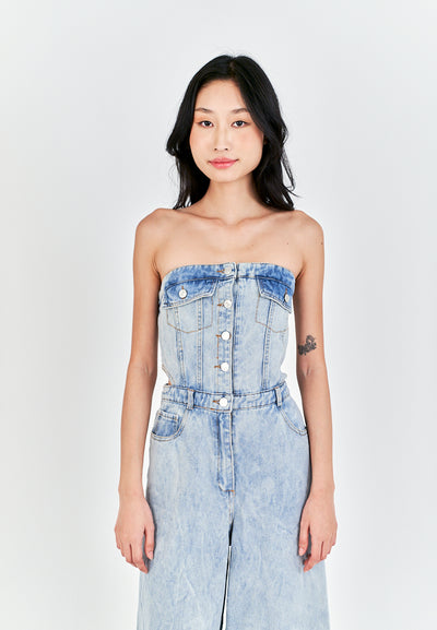 Anaya Light Blue Denim Multi-Pockets Side Waist Cut Tube Jumpsuit