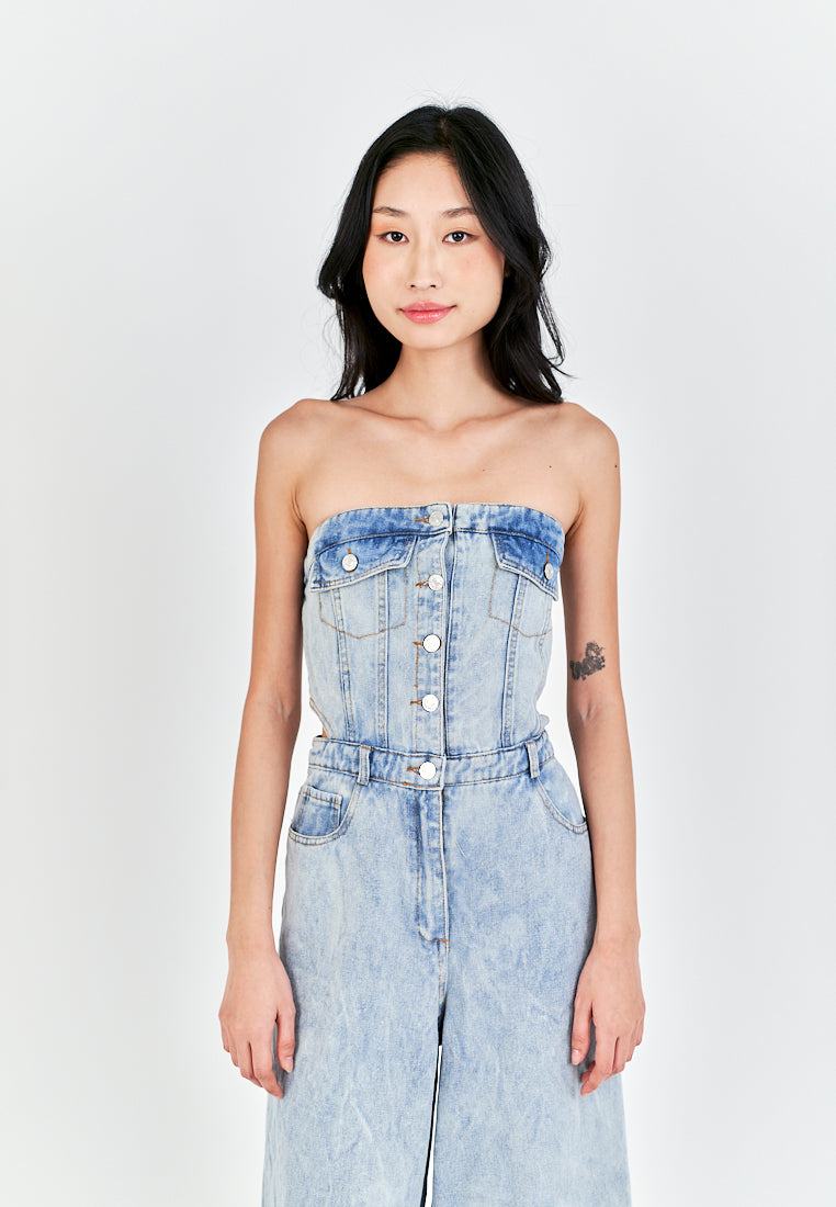 Anaya Light Blue Denim Multi-Pockets Side Waist Cut Tube Jumpsuit