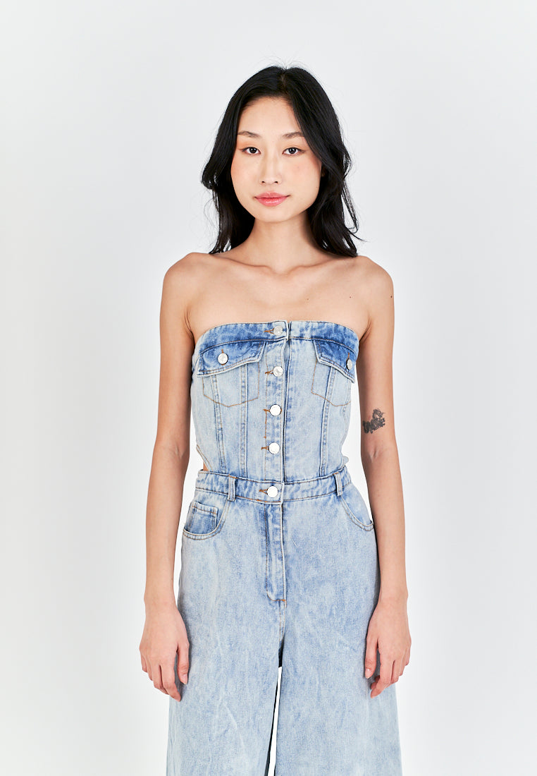 Anaya Light Blue Denim Multi-Pockets Side Waist Cut Tube Jumpsuit