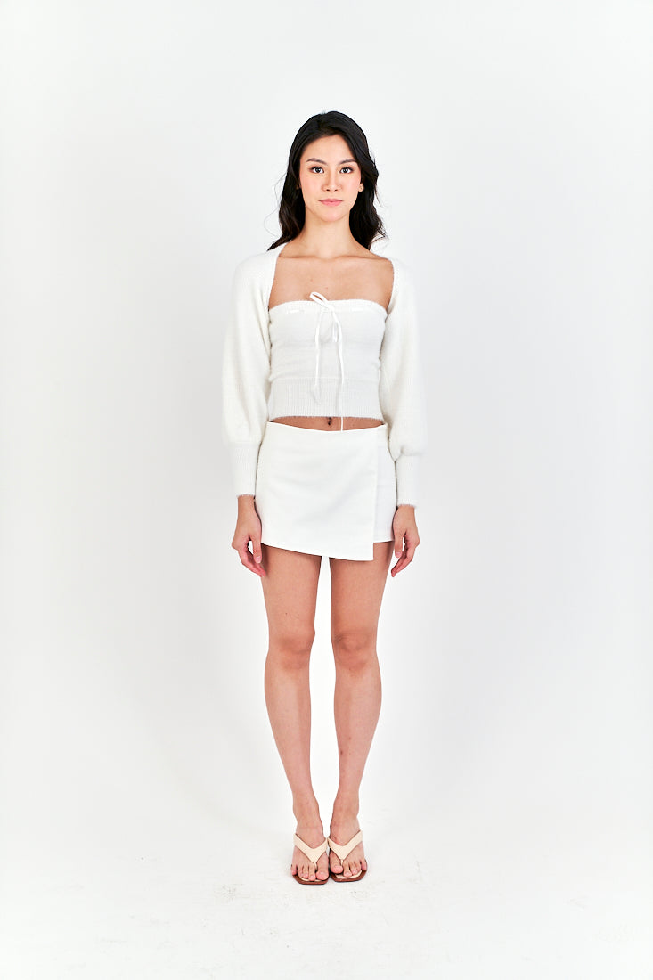 Milou White Zipper Fly Asymmetric Hem Ovelap Mini Skort