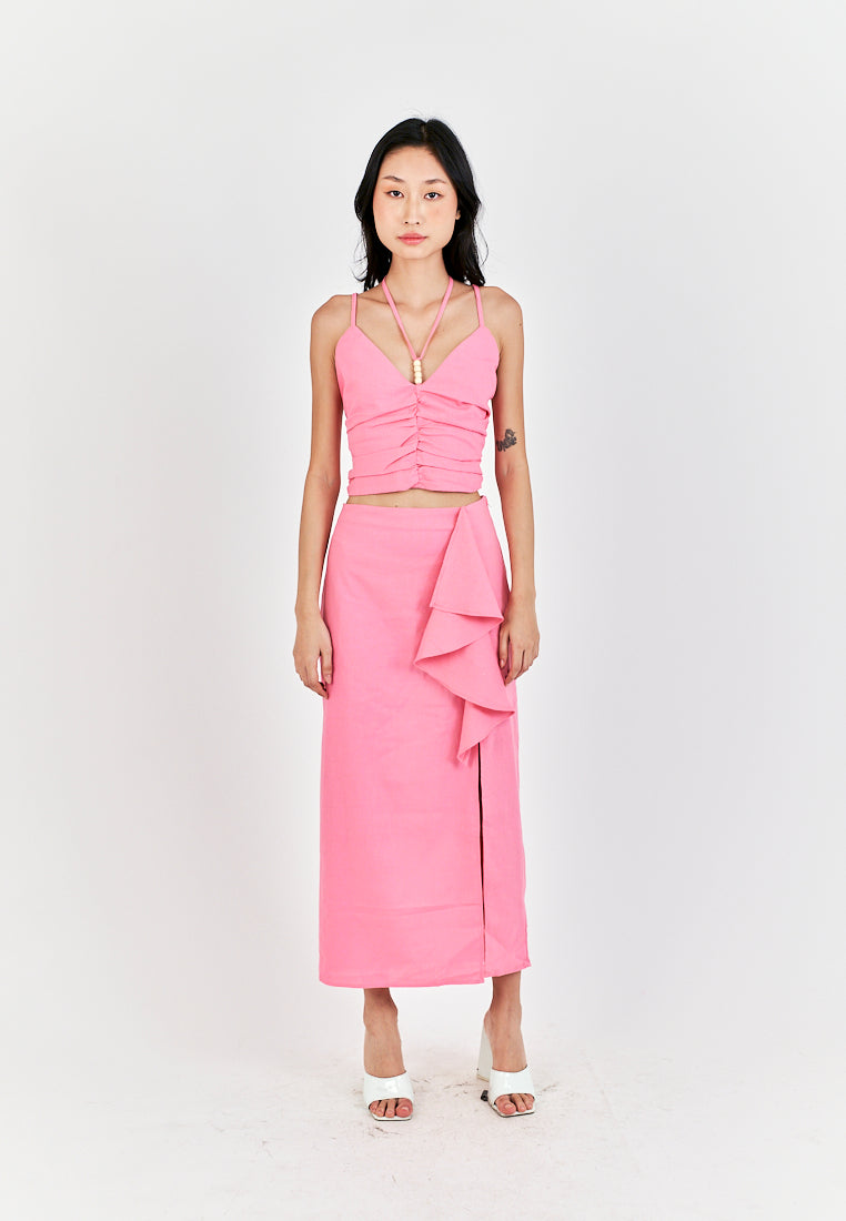 Kaithy Pink Halter Double Beaded Strap Pleated Sleeveless Crop Top