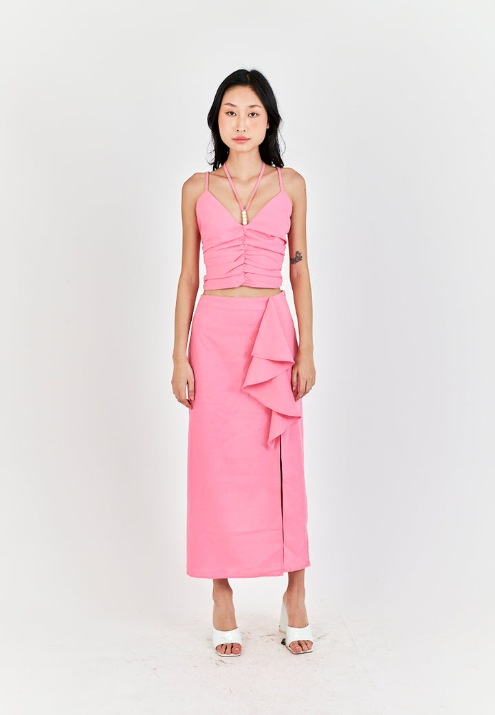 Kaithy Pink Halter Double Beaded Strap Pleated Sleeveless Crop Top