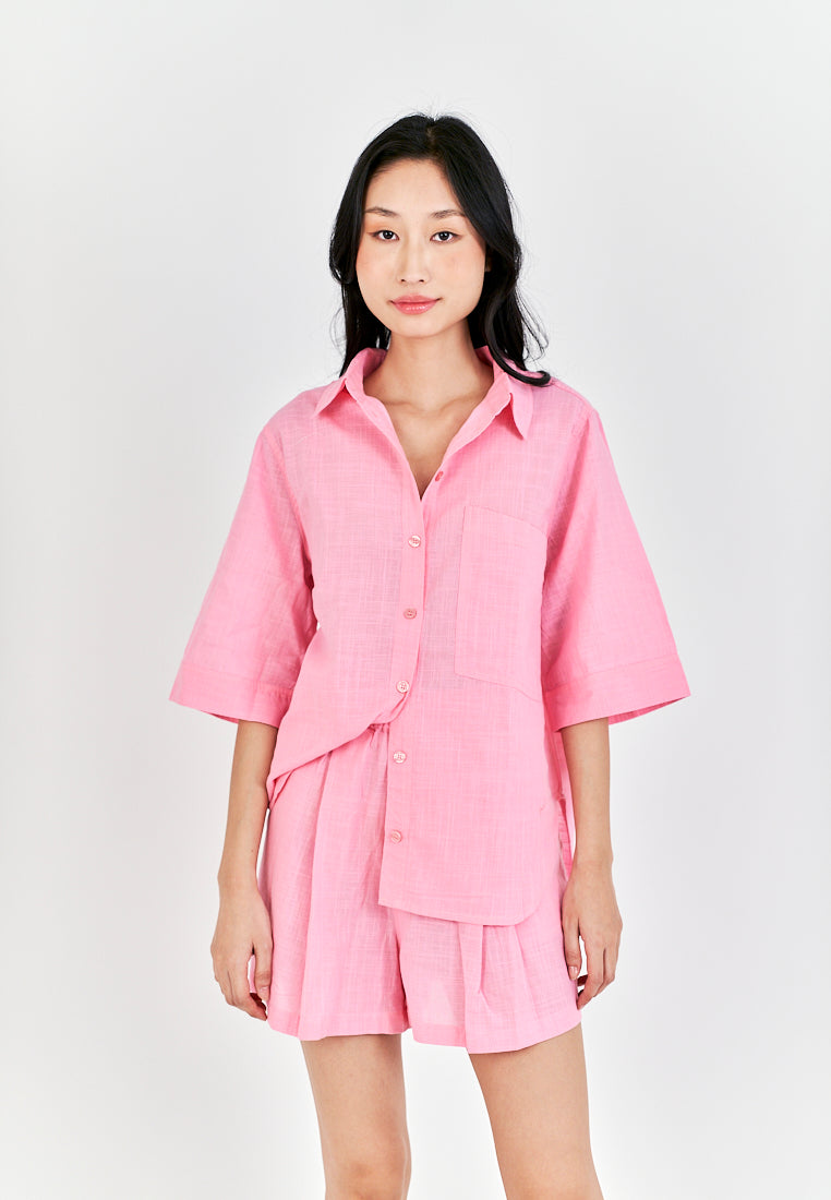 Remi Pink Turn Down Collar Buttons Up Short Sleeveles Top