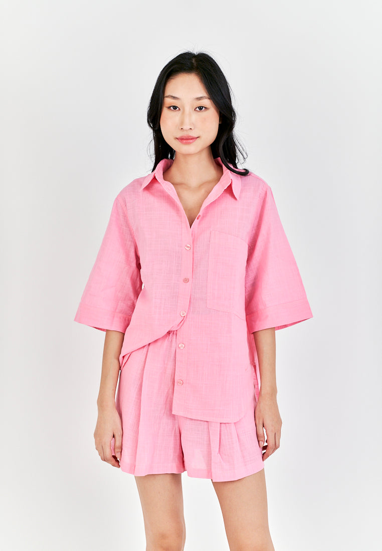 Remi Pink Turn Down Collar Buttons Up Short Sleeveles Top