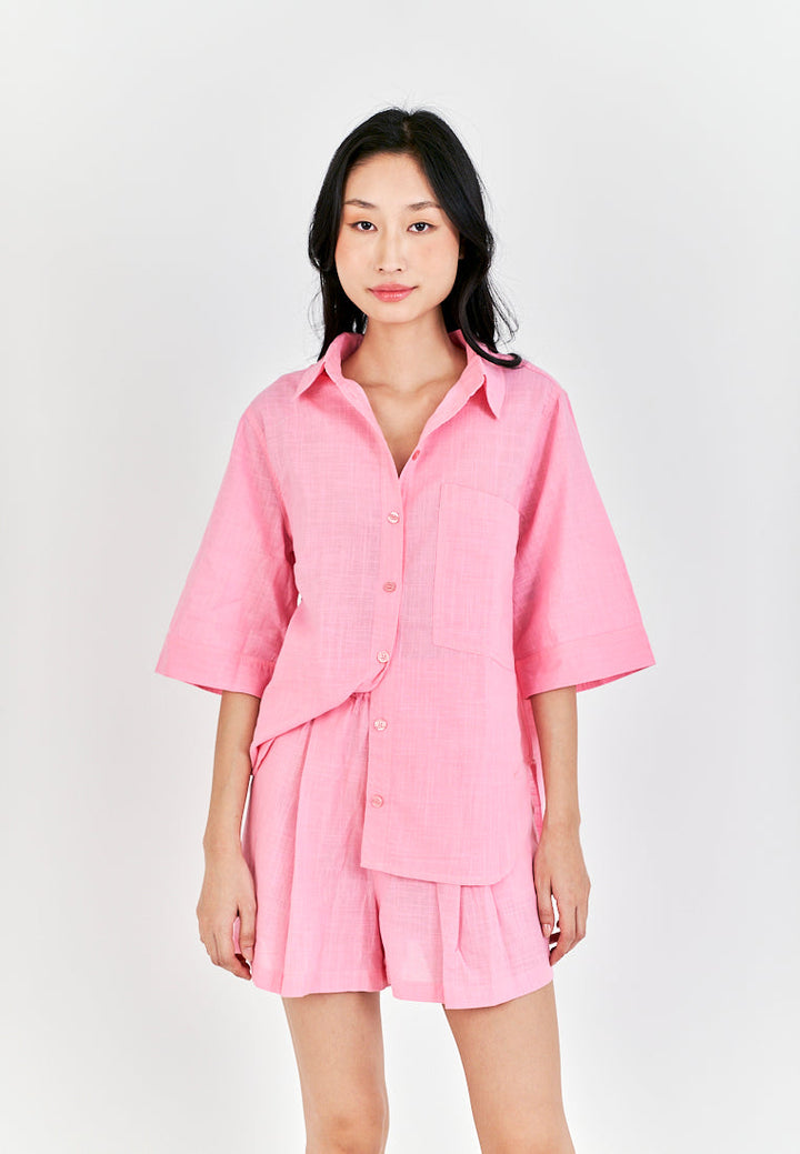 Remi Pink Turn Down Collar Buttons Up Short Sleeveles Top