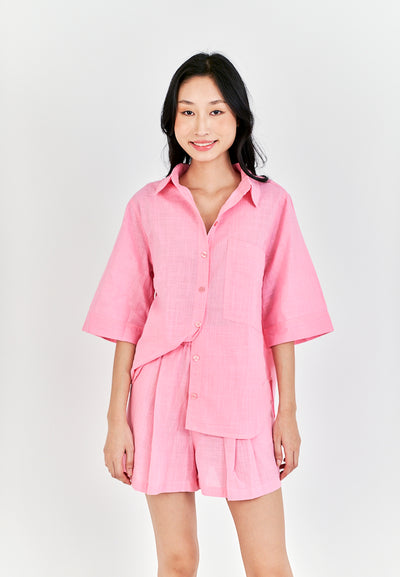 Remi Pink Turn Down Collar Buttons Up Short Sleeveles Top
