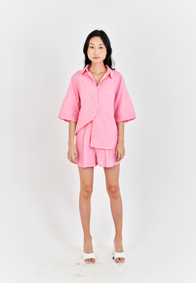 Remi Pink Turn Down Collar Buttons Up Short Sleeveles Top
