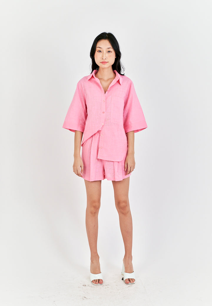 Remi Pink Turn Down Collar Buttons Up Short Sleeveles Top