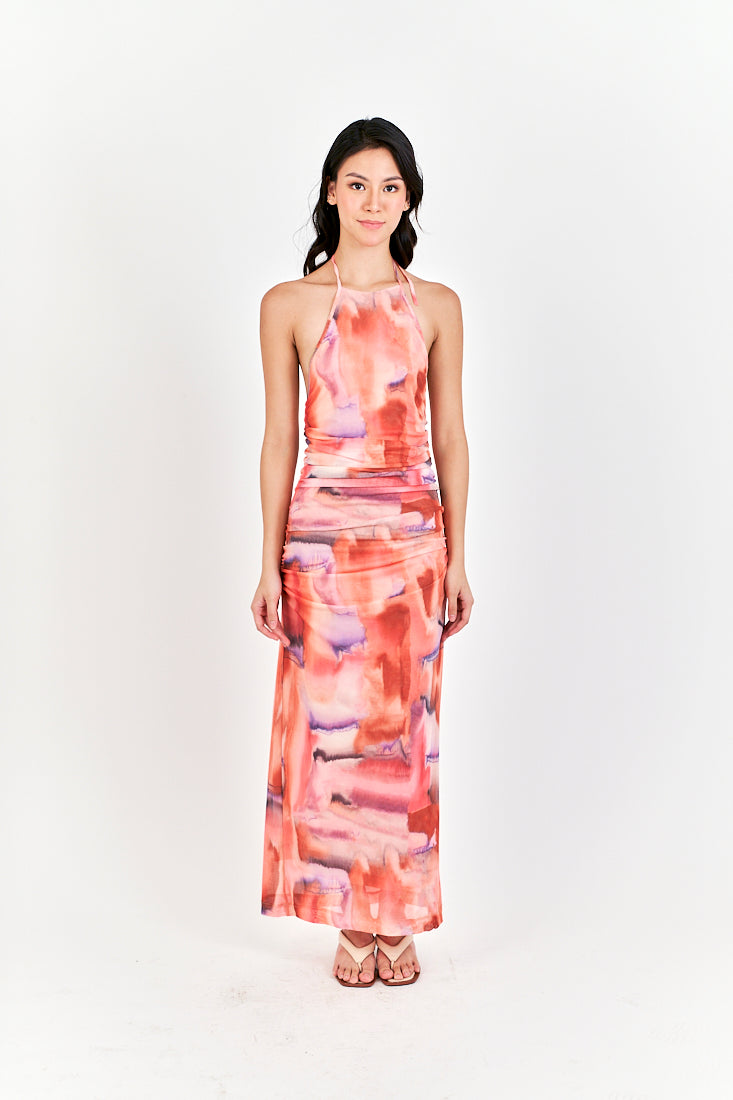 Cayelyn Multi Color Tie Dye Halter Self Tie Strap Open Back Pleated Maxi Dress