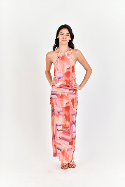 Cayelyn Multi Color Tie Dye Halter Self Tie Strap Open Back Pleated Maxi Dress