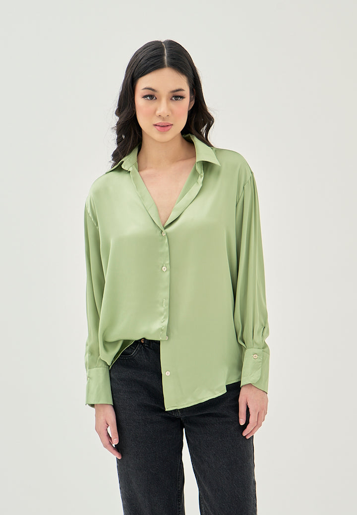 Luchie Green Turn Down Collar Buttons Up Long Sleeves Top