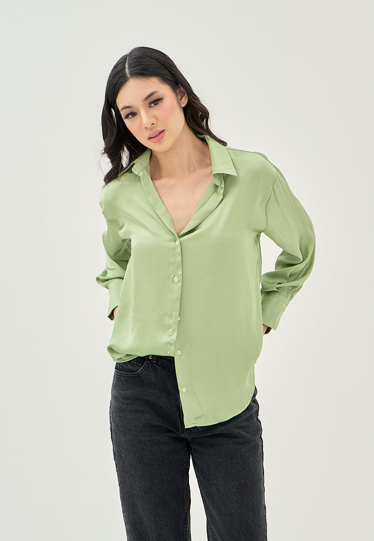 Luchie Green Turn Down Collar Buttons Up Long Sleeves Top