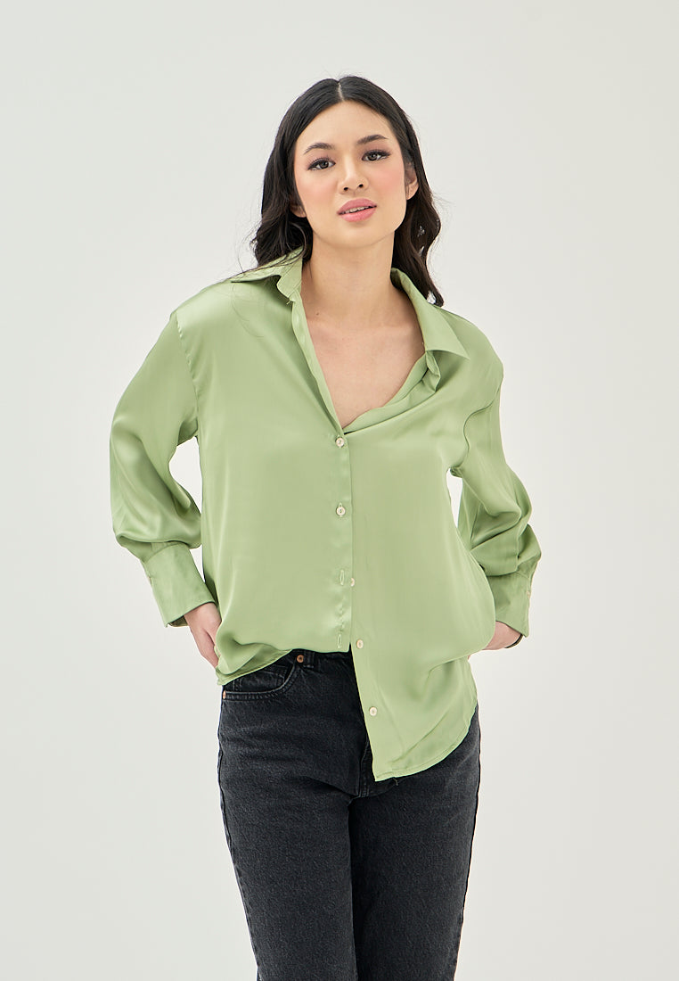Luchie Green Turn Down Collar Buttons Up Long Sleeves Top