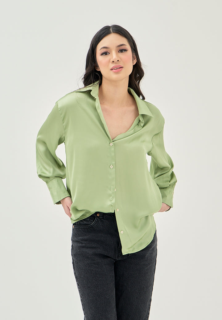 Luchie Green Turn Down Collar Buttons Up Long Sleeves Top
