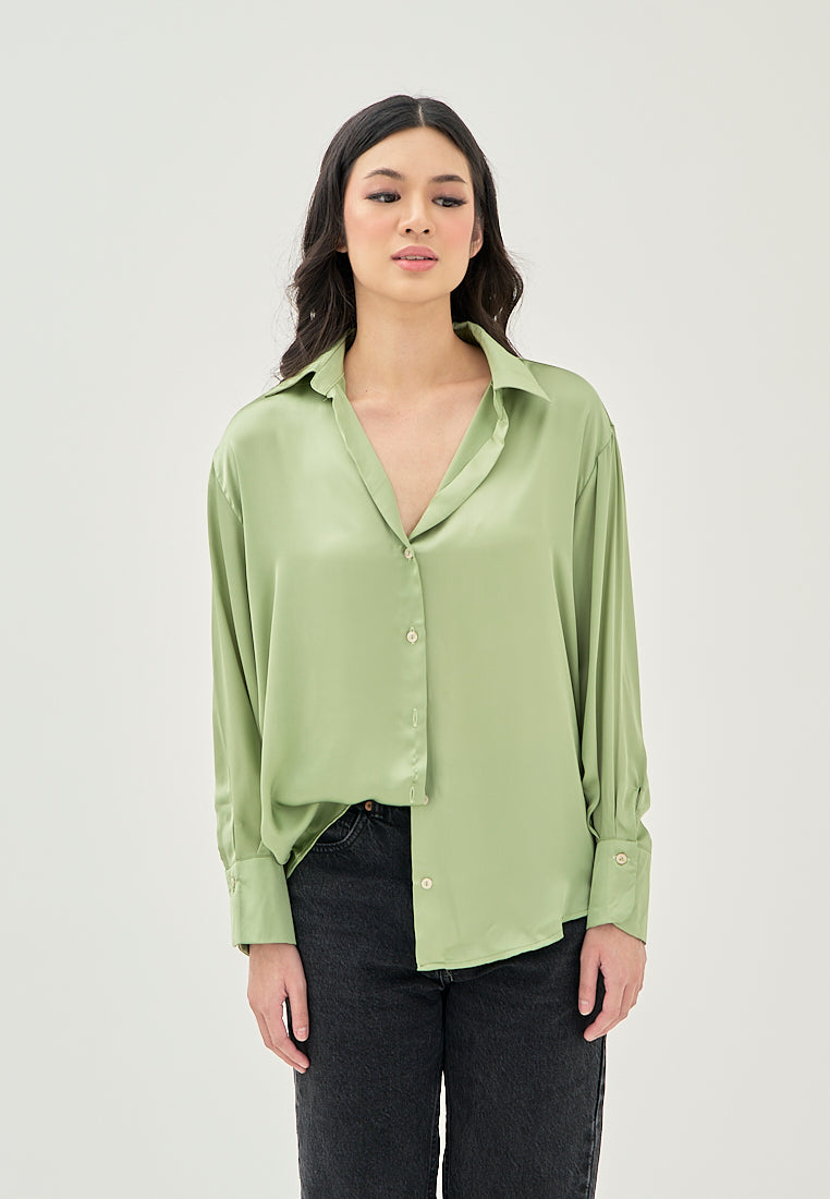 Luchie Green Turn Down Collar Buttons Up Long Sleeves Top
