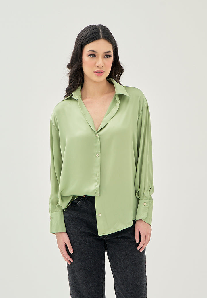 Luchie Green Turn Down Collar Buttons Up Long Sleeves Top