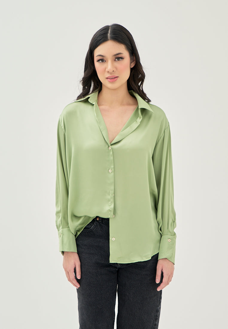 Luchie Green Turn Down Collar Buttons Up Long Sleeves Top