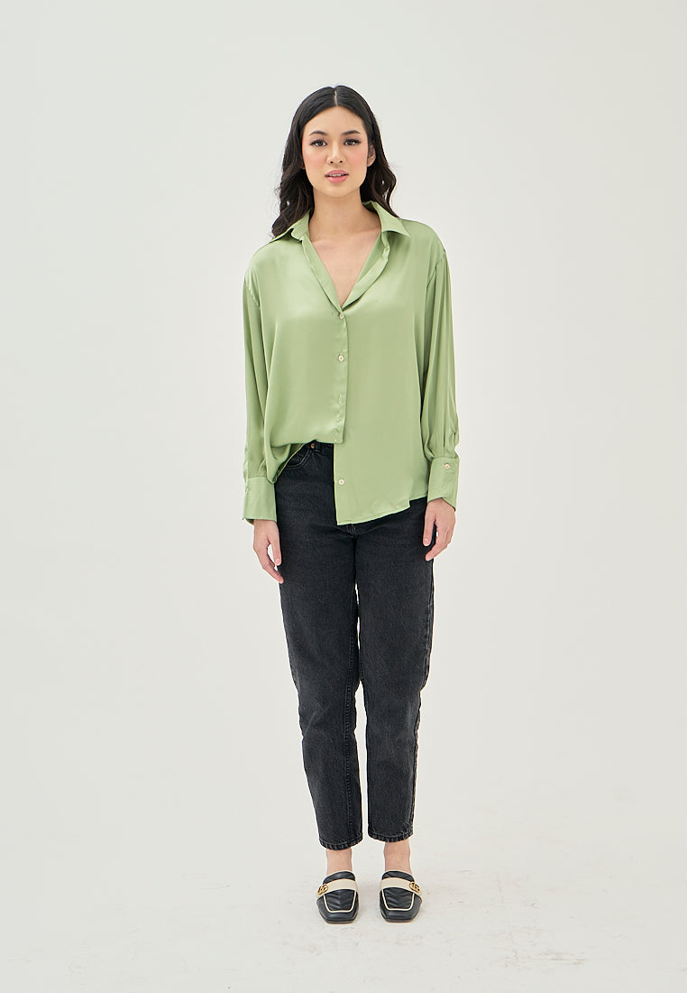 Luchie Green Turn Down Collar Buttons Up Long Sleeves Top