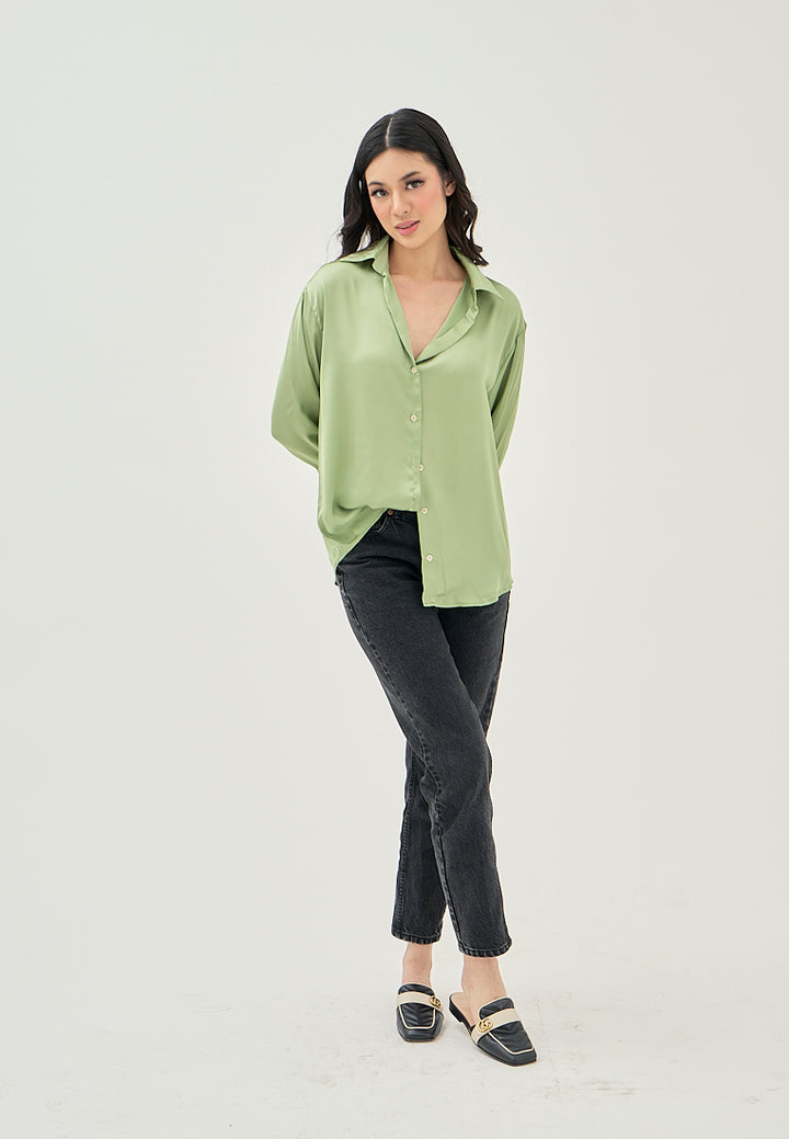 Luchie Green Turn Down Collar Buttons Up Long Sleeves Top