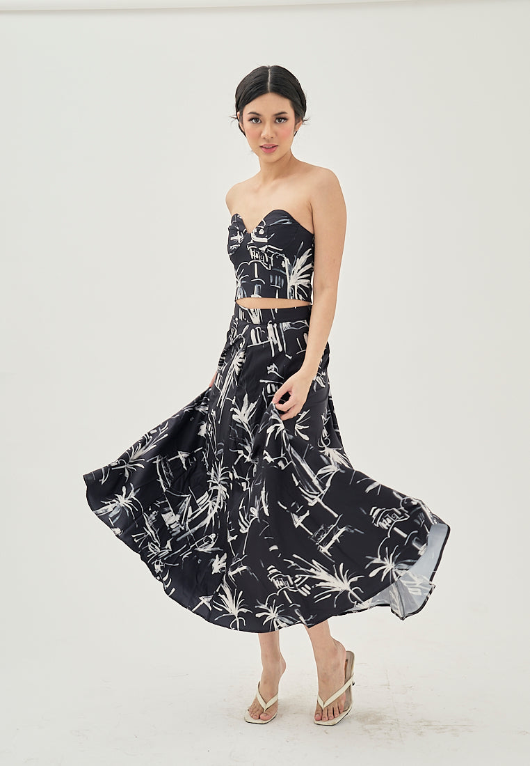 Prisha Black with White Abstract Print Zipper Fly Side Pocket Midi Skirt