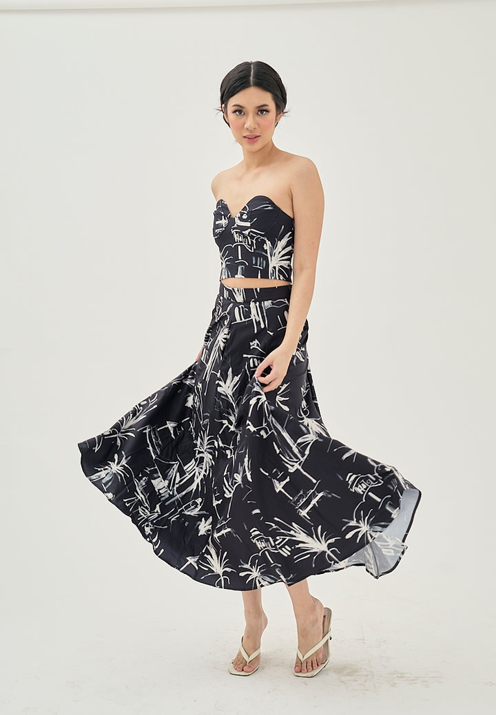 Prisha Black with White Abstract Print Zipper Fly Side Pocket Midi Skirt