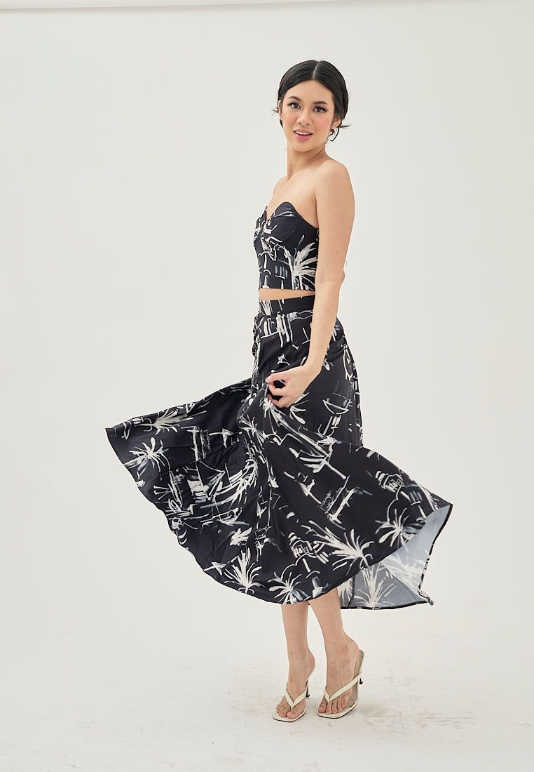 Prisha Black with White Abstract Print Zipper Fly Side Pocket Midi Skirt